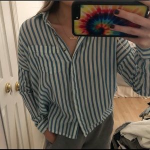 Linen blue striped button up